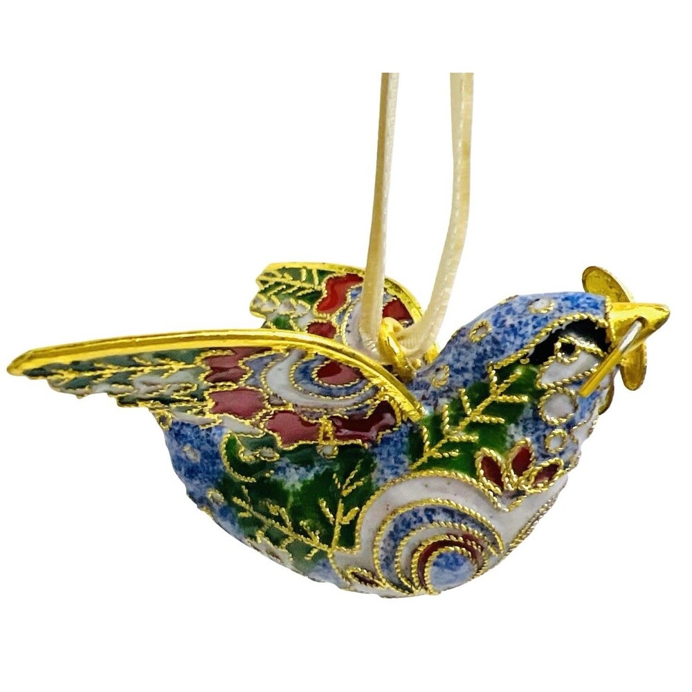 Vtg Cloisonne Metal Christmas Ornament Bird of Peace Turtle Dove With Branch